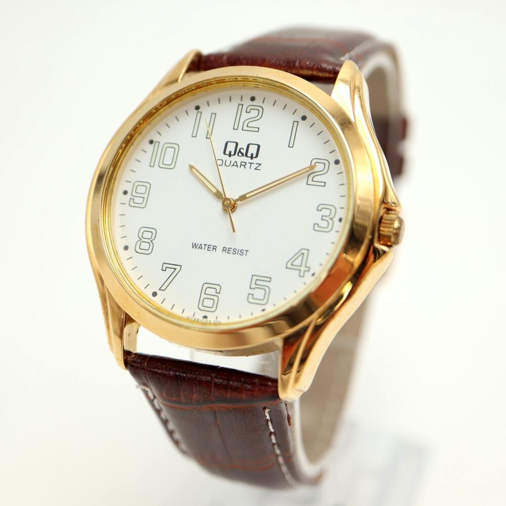 Q&Q by Citizen 39mm Gold Tone Dress Watch Brown Faux Leather w New Battery